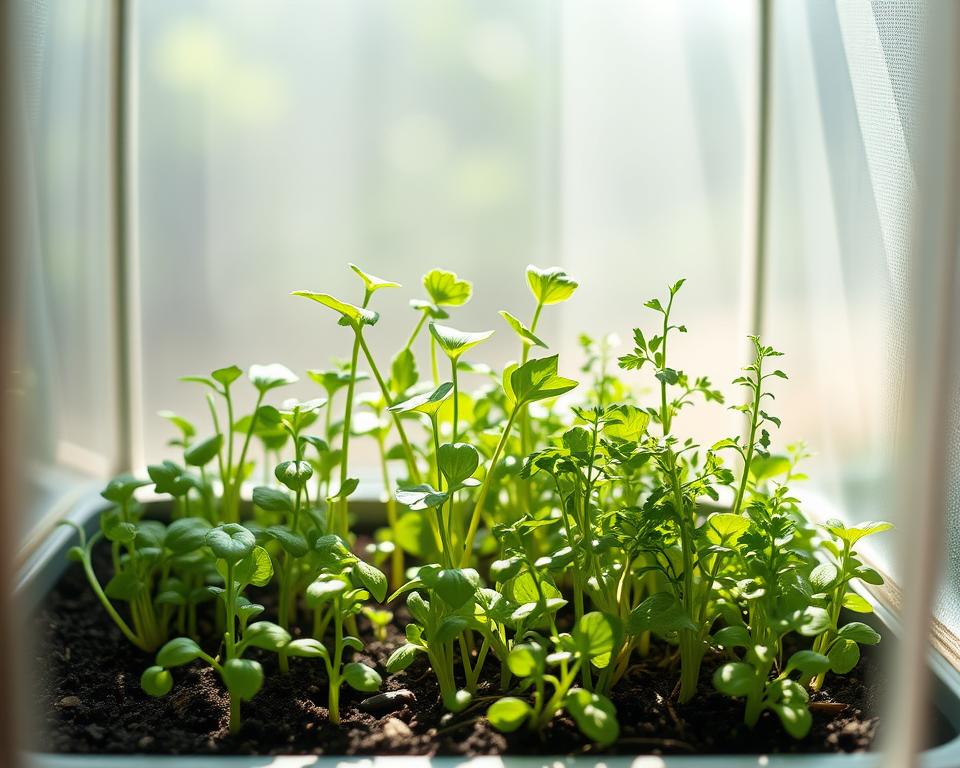 Microgreens und Kräuter in Mini-Gewächshaus