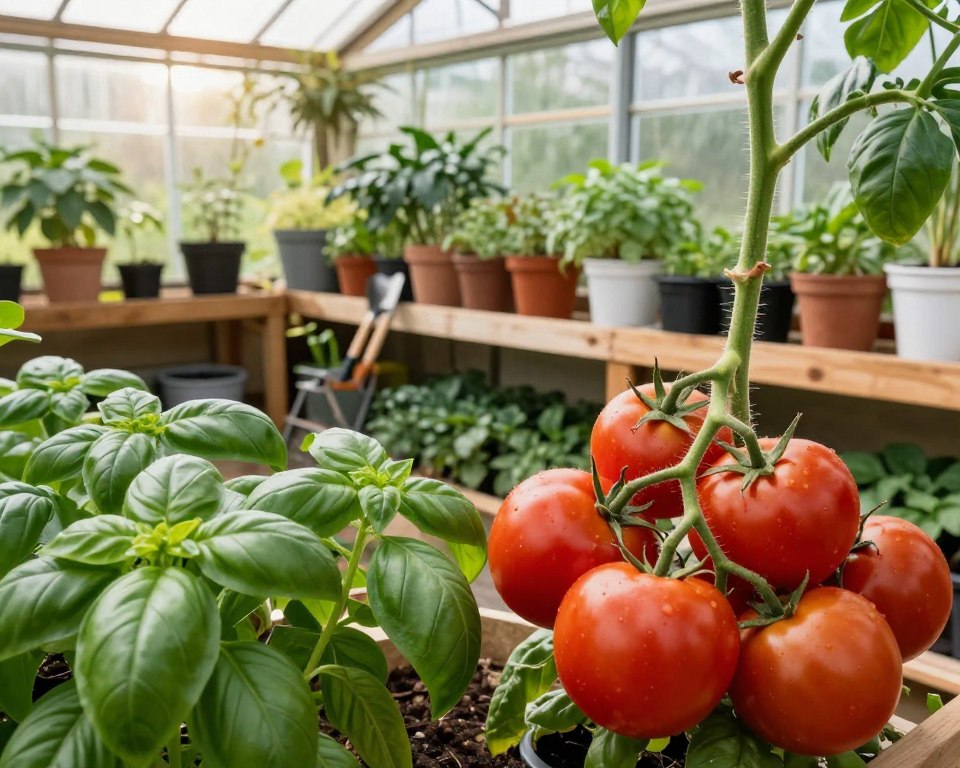 Mischkultur Gewächshaus mit Tomaten und Basilikum Mischkultur Gewächshaus mit Tomaten und Basilikum