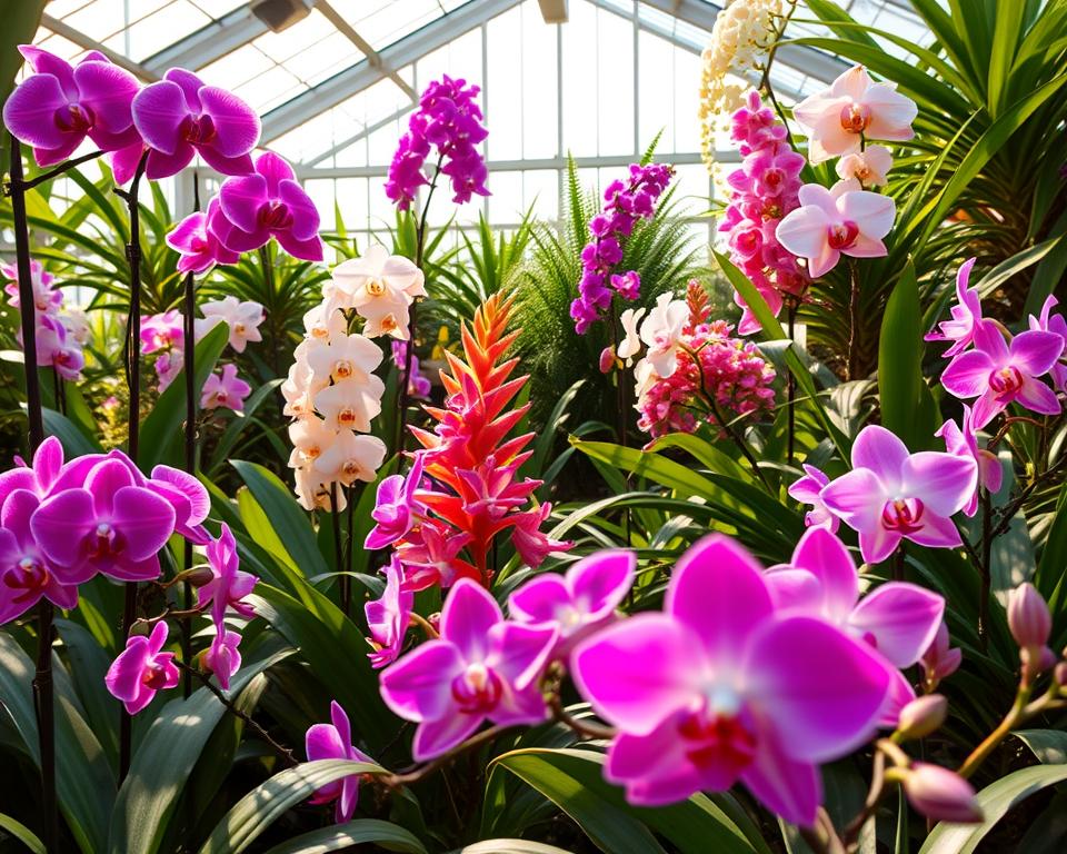 Orchideen Gewächshaus mit tropischen Blühpflanzen