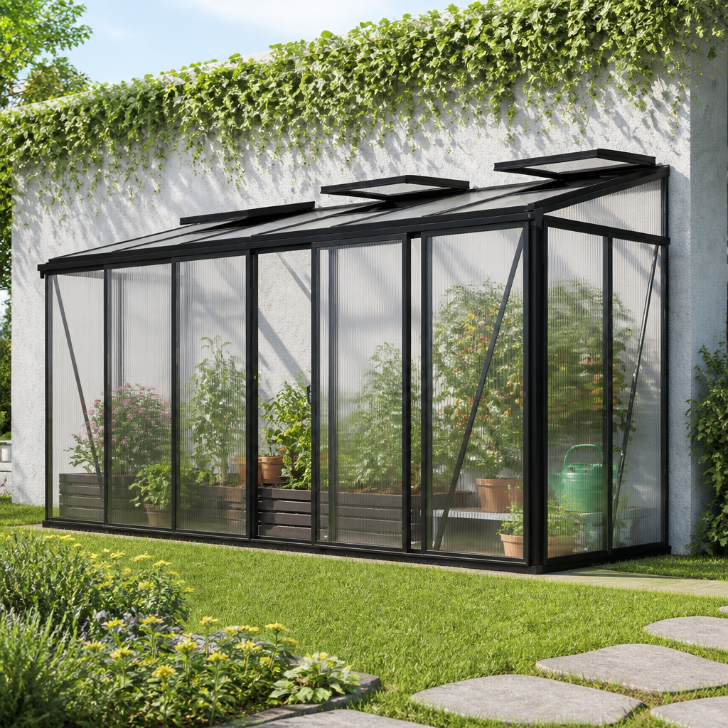 4 × 1 m | Gewächshaus FLORA 26 , BxT: 388 x 132 cm, Anlehngewächshaus mit 16 mm Doppelstegplatten, 3 Fenster, Einfachtür, Gewächshaus Aluminium, Tomatenhaus, Gartenhaus, Treibhaus, gewächshaus günstig, Glashaus | Aluminiumrahmen | Einfachschiebetür | Dachfenster