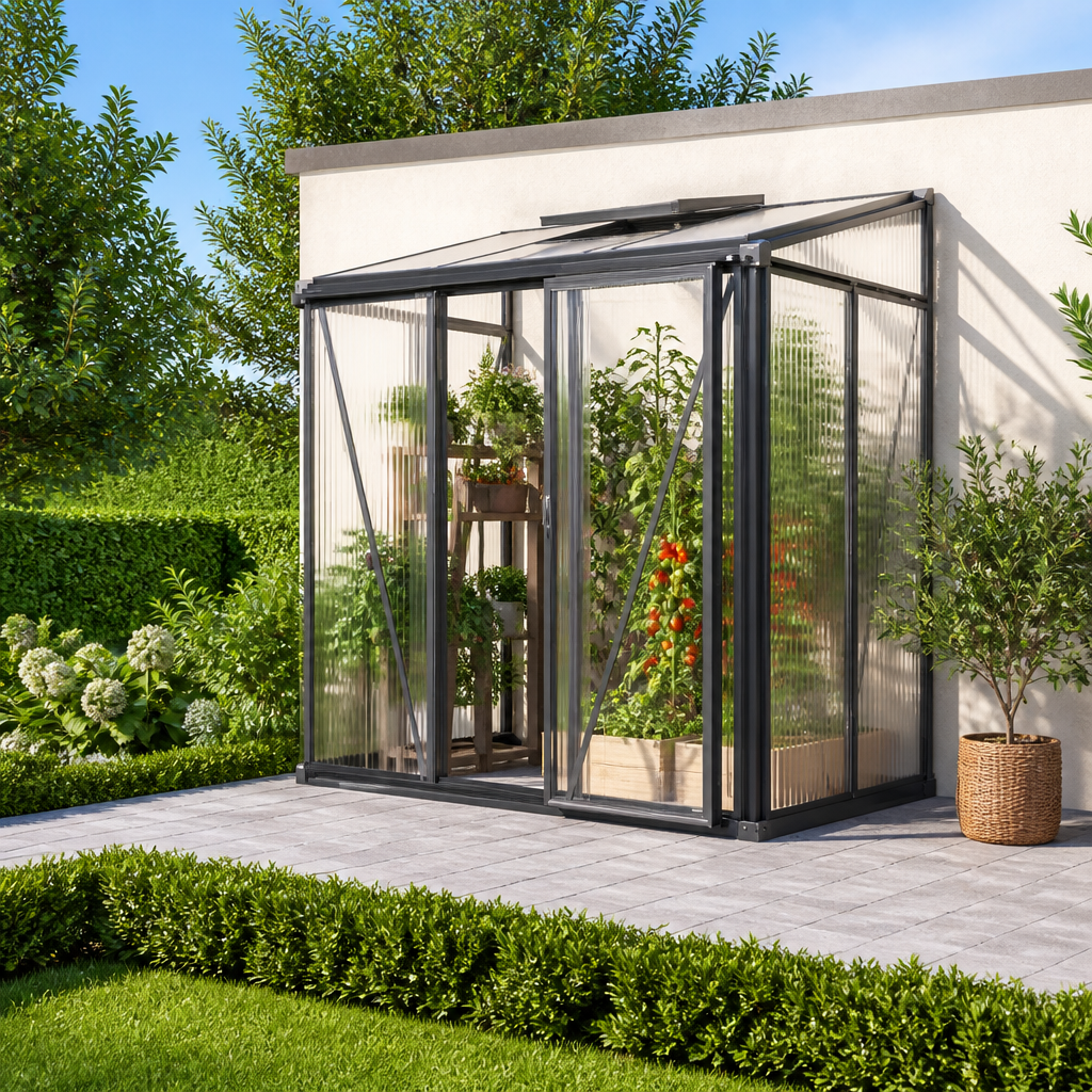 2 × 1 m | Gewächshaus FLORA 23, BxT: 199 x 132 cm, Anlehngewächshaus mit 16 mm Doppelstegplatten, 1 Fenster, Einfachtür, Gewächshaus Aluminium, Tomatenhaus, Gartenhaus, Treibhaus, gewächshaus günstig, Glashaus | Aluminiumrahmen | Einfachschiebetür | Dachfenster
