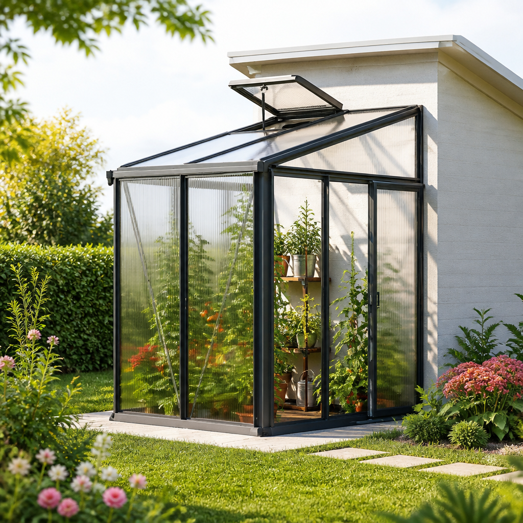 2 × 1 m | Anlehngewächshaus ELLA 32 , BxT: 137 x 194 cm, Gewächshaus mit 16 mm Doppelstegplatten, 1 Fenster, Einfachtür, Gewächshaus Aluminium, Tomatenhaus, Gartenhaus, Treibhaus, gewächshaus günstig, Glashaus | Aluminiumrahmen | Einfachschiebetür | Dachfenster