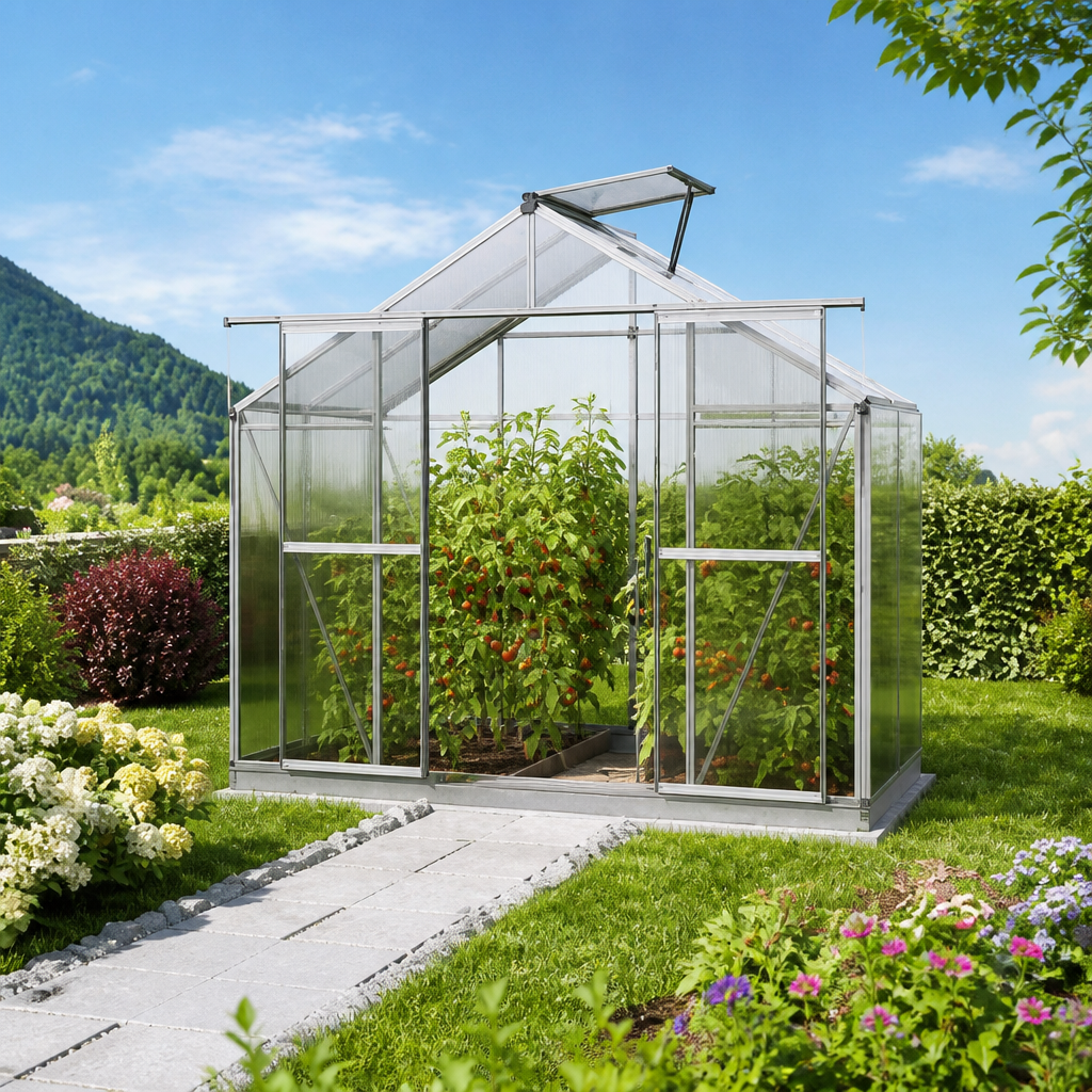 32% Rabatt ✓ 3 × 1 m | Gewächshaus 256×131 cm, Tomatengewächshaus, kleines Gewächshaus, Gewächshaus Glas | Doppelschiebetür | Dachfenster | mit Dachrinne