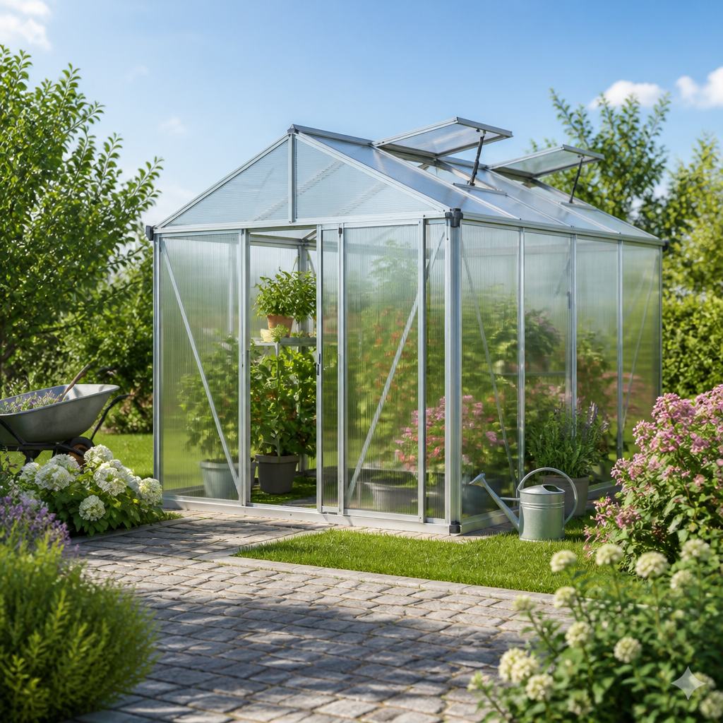 3 × 2 m | GFP Gewächshaus 225×294 cm aus 10 mm Stegplatten mit 2 Dachfenster und Schiebetür | Einfachschiebetür