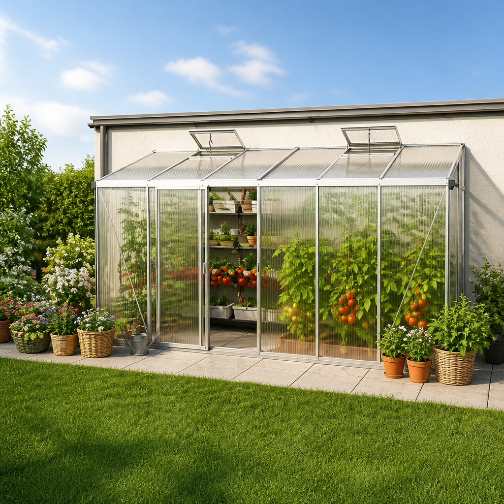 4 × 1 m | Anlehngewächshaus 439×148 cm, 10 mm, Gewächshaus, Anbaugewächshaus, tomatengewächshaus, tomatenhaus | Dachfenster