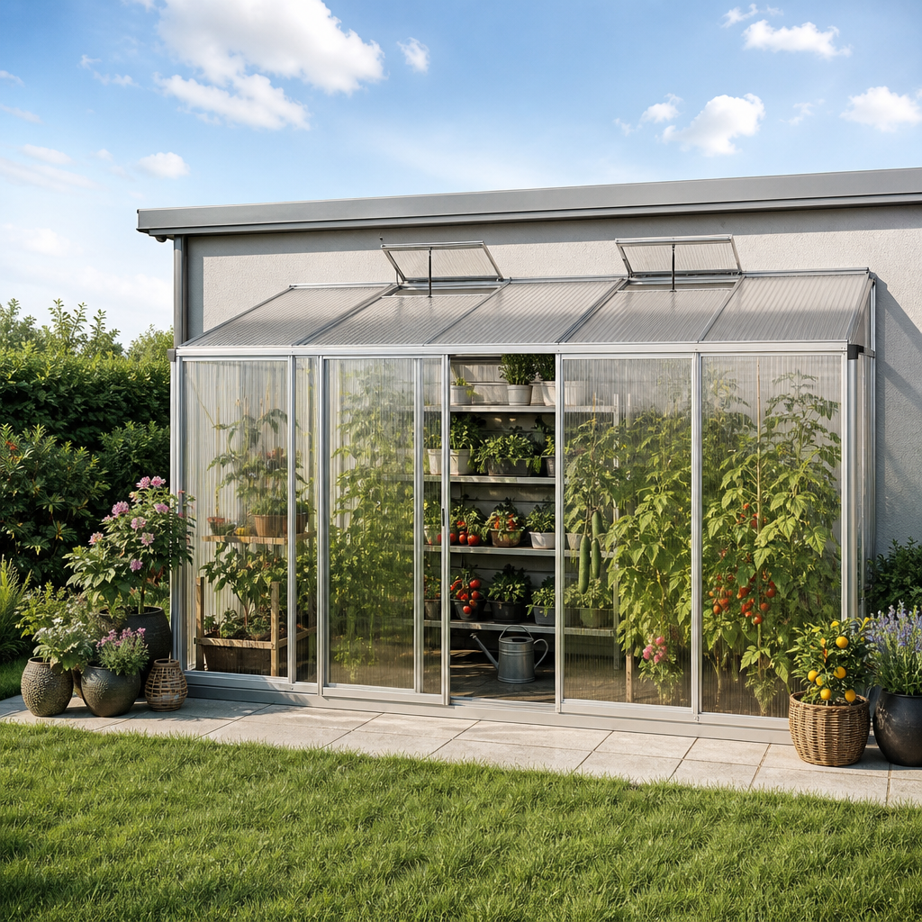 4 × 1 m | Anlehngewächshaus 369×148 cm, 10 mm, Gewächshaus, Anbaugewächshaus, tomatengewächshaus, tomatenhaus | Doppelschiebetür | Dachfenster