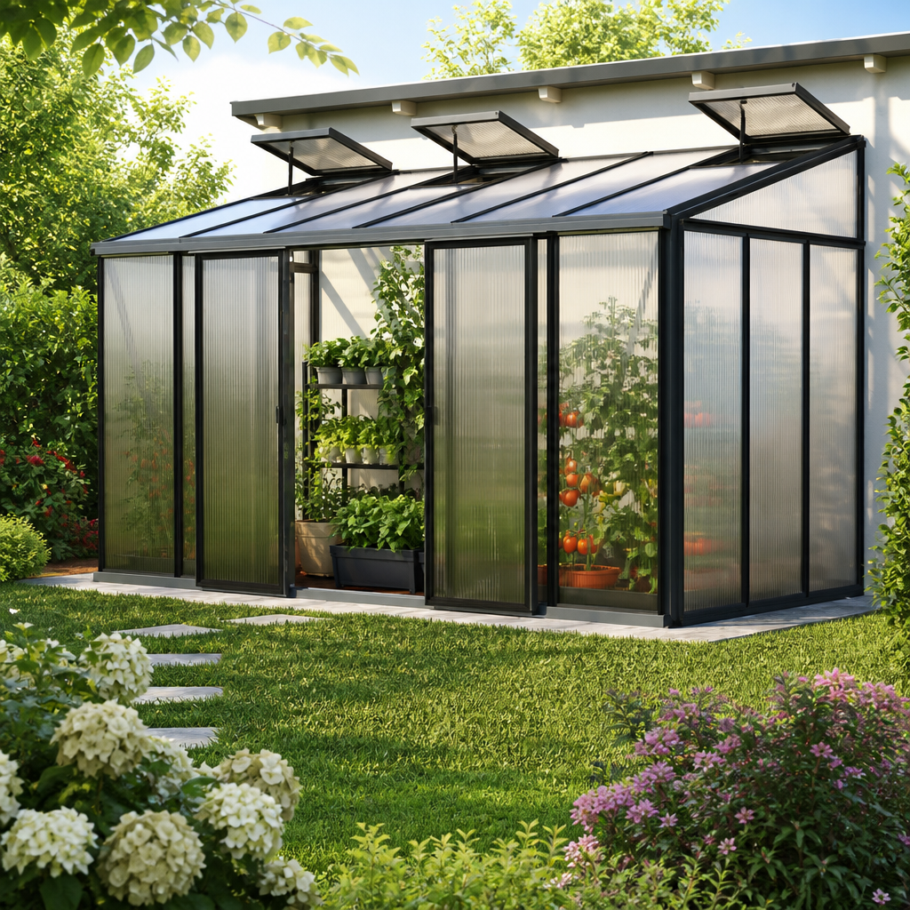4 × 2 m | Gewächshaus ELLA 36, Anlehngewächshaus mit 16 mm Doppelstegplatten, Gewächshaus Aluminium, gewächshaus günstig | Aluminiumrahmen | Einfachschiebetür | Dachfenster | mit Dachrinne