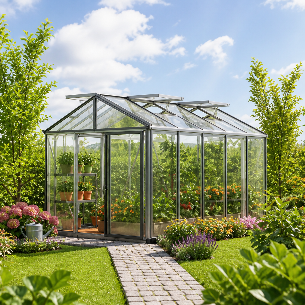 GFP 235 x 385 cm Gewächshaus, Standardfarbe Aluminium Natur | Aktionsset – Profi 2 | Polycarbonat | Einfachschiebetür | Dachfenster | mit Dachrinne