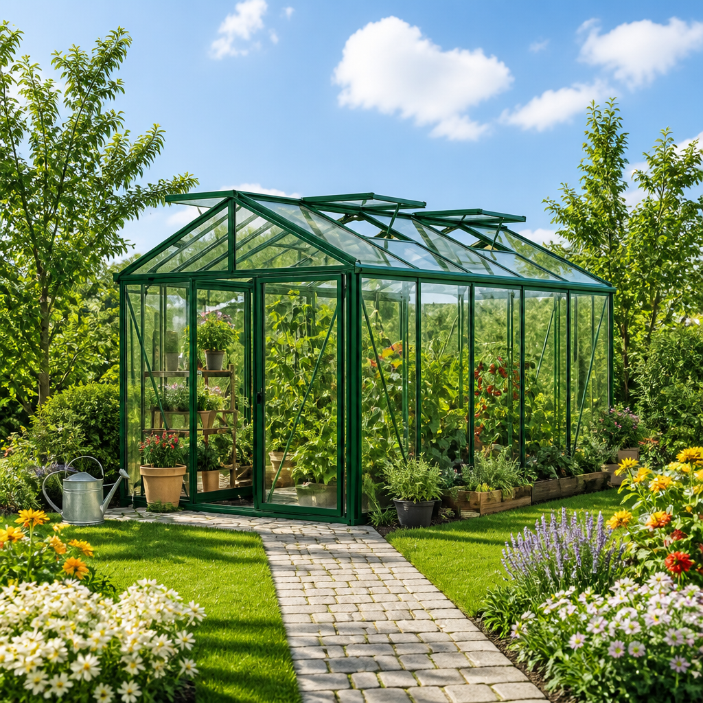 GFP 235 x 385 cm Gewächshaus, Pulverbeschichtet Grün, RAL 6005 | Aktionsset – Profi 2 | Polycarbonat | Einfachschiebetür | Dachfenster | mit Dachrinne