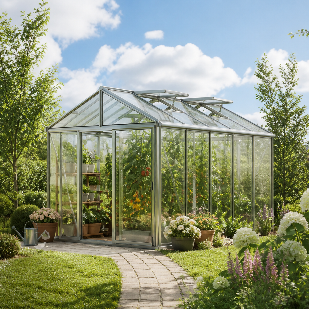 GFP 235 x 385 cm Gewächshaus, Standardfarbe Aluminium Natur | ohne Setangebot | Polycarbonat | Einfachschiebetür | Dachfenster | mit Dachrinne