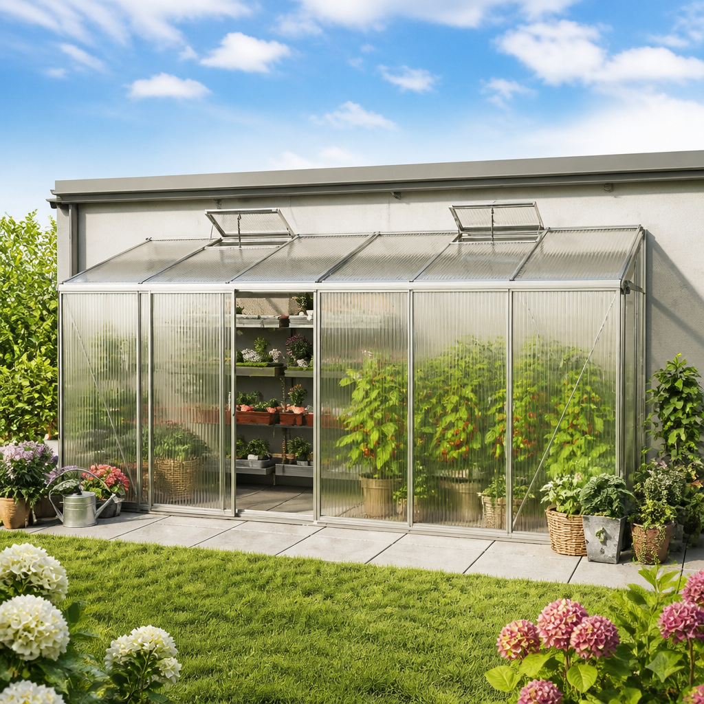 GFP 436 x 147 cm Anlehngewächshaus, Aluminium Natur | Polycarbonat | Einfachschiebetür | Dachfenster | mit Dachrinne