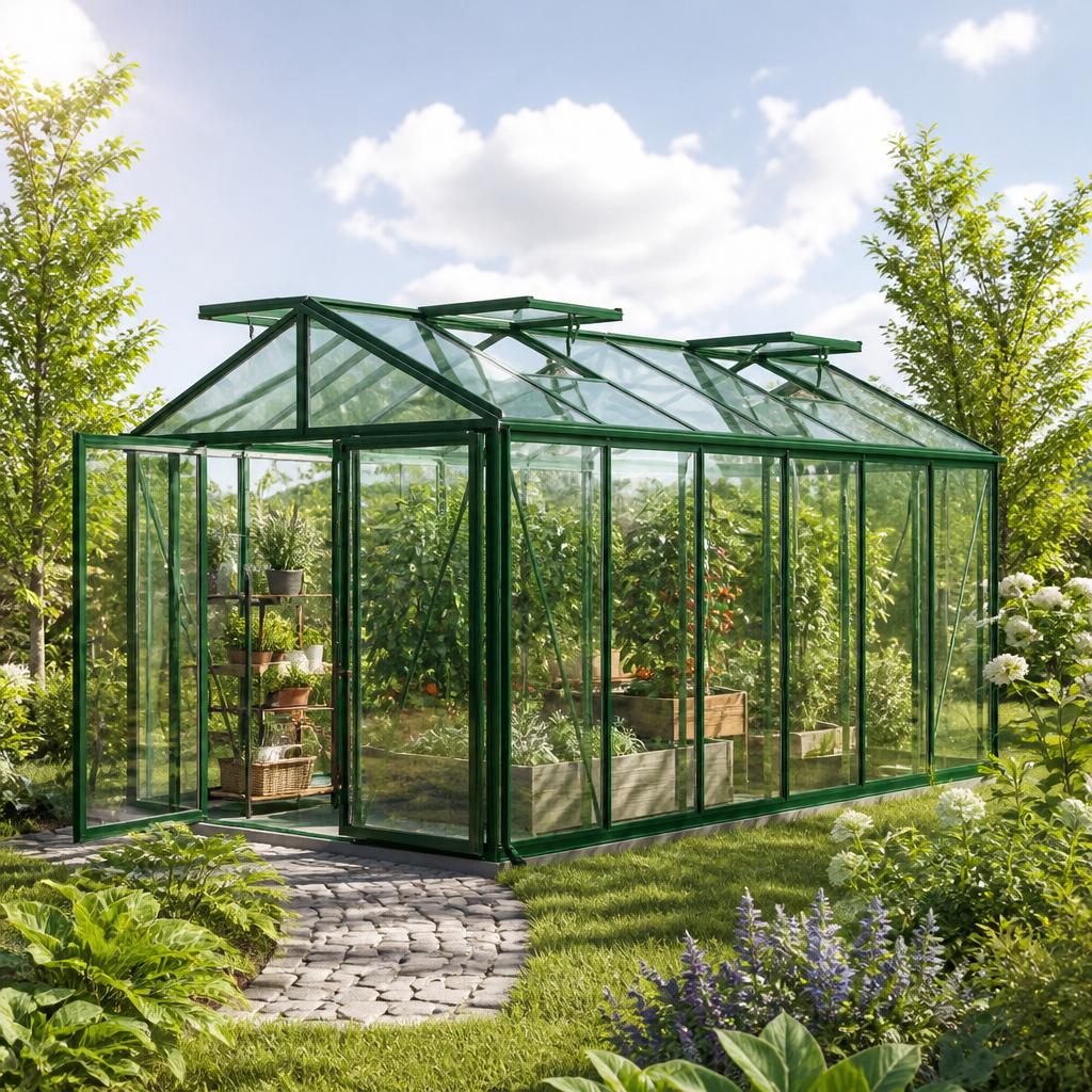 GFP 235 x 460 cm Gewächshaus, Pulverbeschichtet Grün, RAL 6005 | Aktionsset – Profi 2 | Polycarbonat | Einfachschiebetür | Dachfenster | mit Dachrinne
