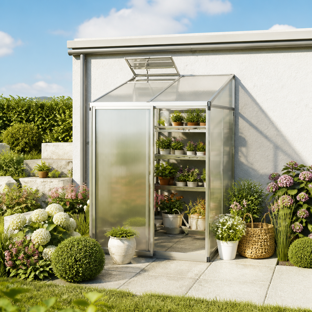 GFP 151 x 147 cm Anlehngewächshaus, Aluminium Natur | Polycarbonat | Einfachschiebetür | Dachfenster | mit Dachrinne