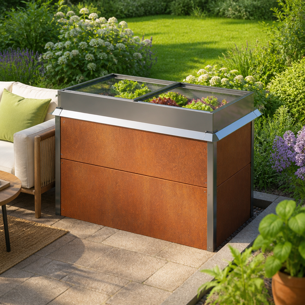 PRIMEYARD 150 x 85 x 77 cm Hochbeet, Cortenstahl, Rost-Optik | inkl. Frühbeetaufsatz und Schneckenschutz