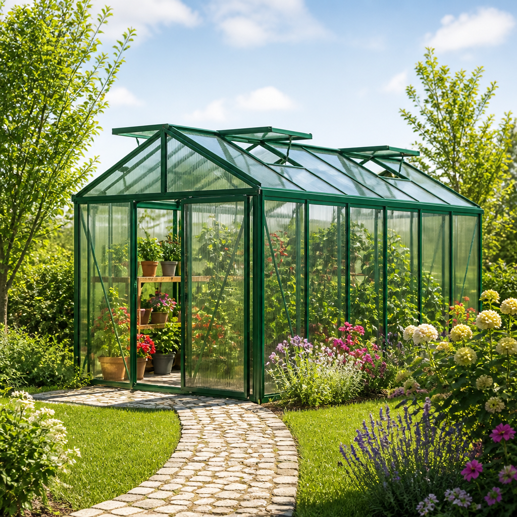GFP 235 x 460 cm Gewächshaus, Pulverbeschichtet Grün, RAL 6005 | ohne Setangebot | Polycarbonat | Einfachschiebetür | Dachfenster | mit Dachrinne GFP 235 x 460 cm Gewächshaus, Pulverbeschichtet Grün, RAL 6005 | ohne Setangebot | Polycarbonat | Einfachschiebetür | Dachfenster | mit Dachrinne