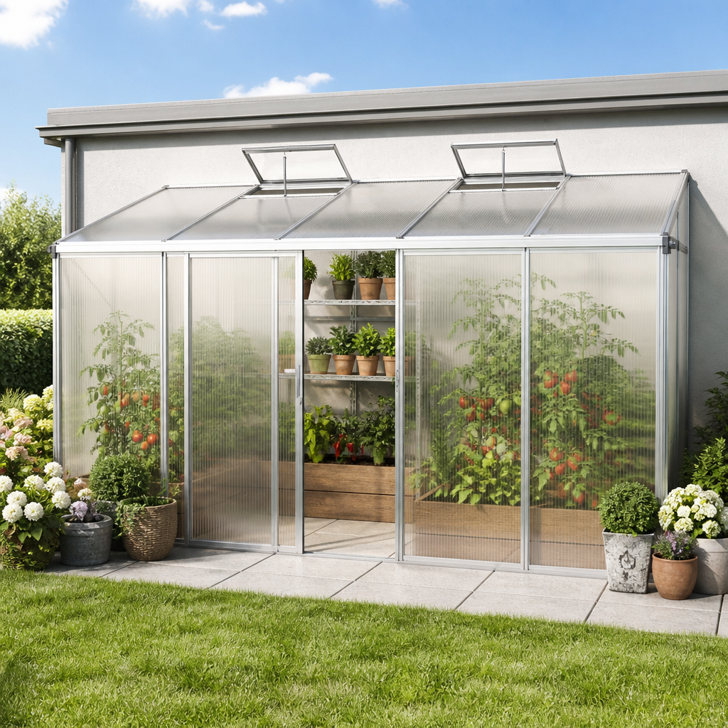 GFP 365 x 147 cm Anlehngewächshaus, Aluminium Natur | Polycarbonat | Einfachschiebetür | Dachfenster | mit Dachrinne GFP 365 x 147 cm Anlehngewächshaus, Aluminium Natur | Polycarbonat | Einfachschiebetür | Dachfenster | mit Dachrinne