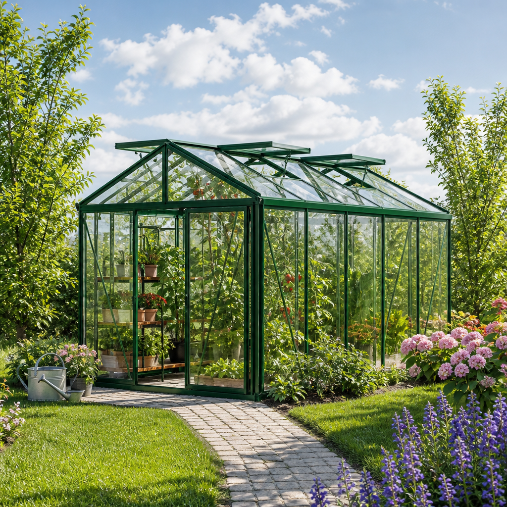 GFP 235 x 385 cm Gewächshaus, Pulverbeschichtet Grün, RAL 6005 | Aktionsset – Profi 1 | Polycarbonat | Einfachschiebetür | Dachfenster | mit Dachrinne