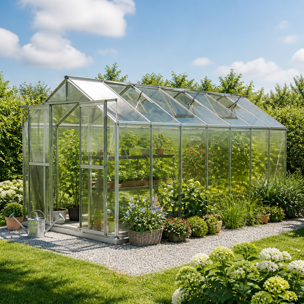 GFP 259 x 449 cm Gewächshaus, inkl. Aktionsset – XL | 6 mm | Polycarbonat | Doppelschiebetür | Dachfenster | mit Dachrinne