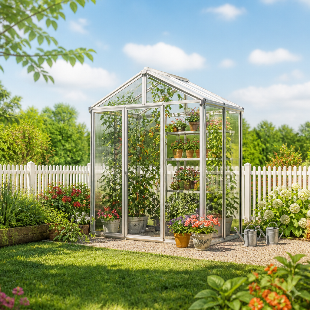 GFP 199 x 137 cm Gewächshaus, Standardfarbe Aluminium Natur | Aktionsset – Profi 2 | Polycarbonat | Einfachschiebetür | Dachfenster | mit Dachrinne