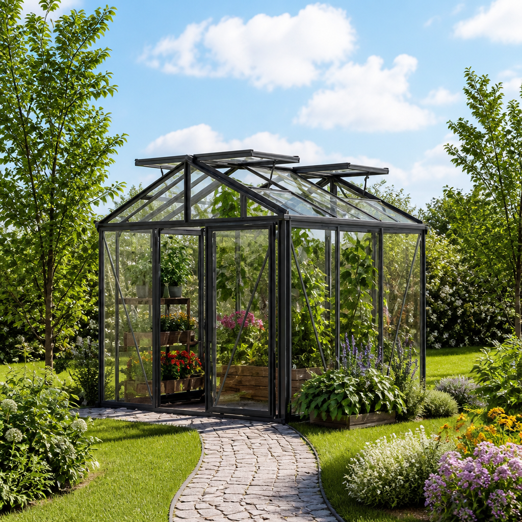 GFP 235 x 235 cm Gewächshaus, Pulverbeschichtet Anthrazit, RAL 7016 | Aktionsset - Profi 2 | Polycarbonat | Einfachschiebetür | Dachfenster | mit Dachrinne GFP 235 x 235 cm Gewächshaus, Pulverbeschichtet Anthrazit, RAL 7016 | Aktionsset - Profi 2 | Polycarbonat | Einfachschiebetür | Dachfenster | mit Dachrinne