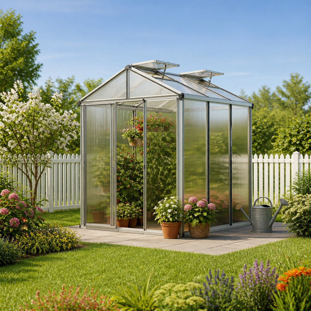 GFP 199 x 199 cm Gewächshaus, Standardfarbe Aluminium Natur | Aktionsset - Profi 2 | Polycarbonat | Einfachschiebetür | Dachfenster | mit Dachrinne GFP 199 x 199 cm Gewächshaus, Standardfarbe Aluminium Natur | Aktionsset - Profi 2 | Polycarbonat | Einfachschiebetür | Dachfenster | mit Dachrinne