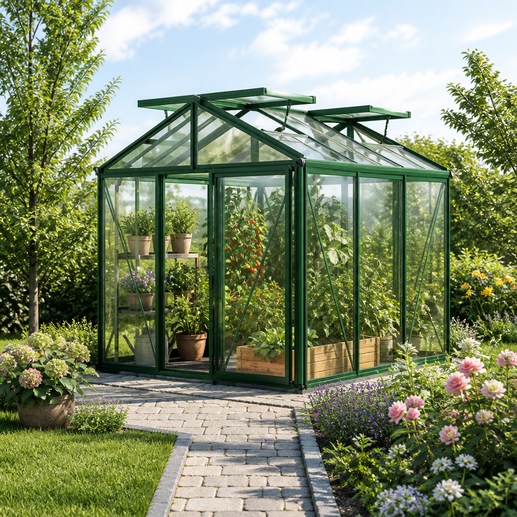 GFP 235 x 235 cm Gewächshaus, Pulverbeschichtet Grün, RAL 6005 | Aktionsset - Profi 2 | Polycarbonat | Einfachschiebetür | Dachfenster | mit Dachrinne GFP 235 x 235 cm Gewächshaus, Pulverbeschichtet Grün, RAL 6005 | Aktionsset - Profi 2 | Polycarbonat | Einfachschiebetür | Dachfenster | mit Dachrinne