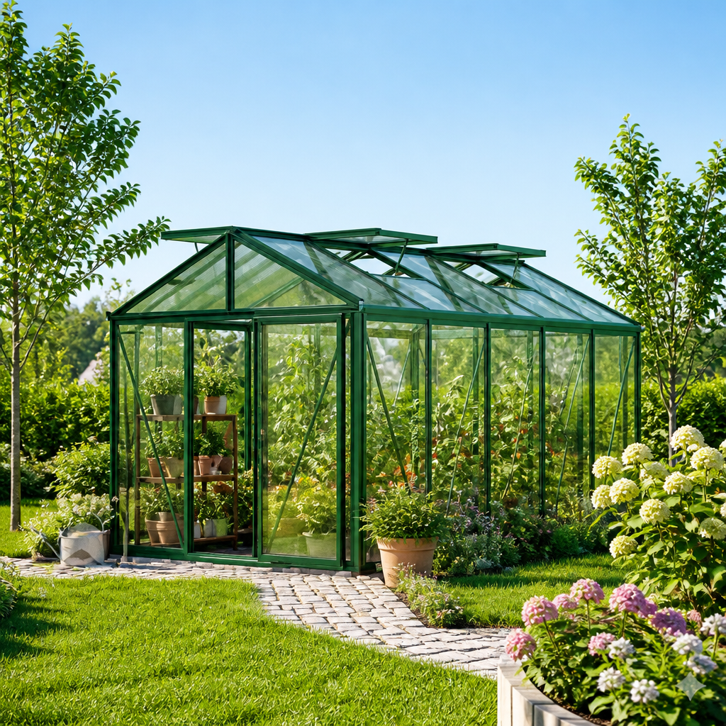 GFP 235 x 385 cm Gewächshaus, Pulverbeschichtet Grün, RAL 6005 | ohne Setangebot | Polycarbonat | Einfachschiebetür | Dachfenster | mit Dachrinne